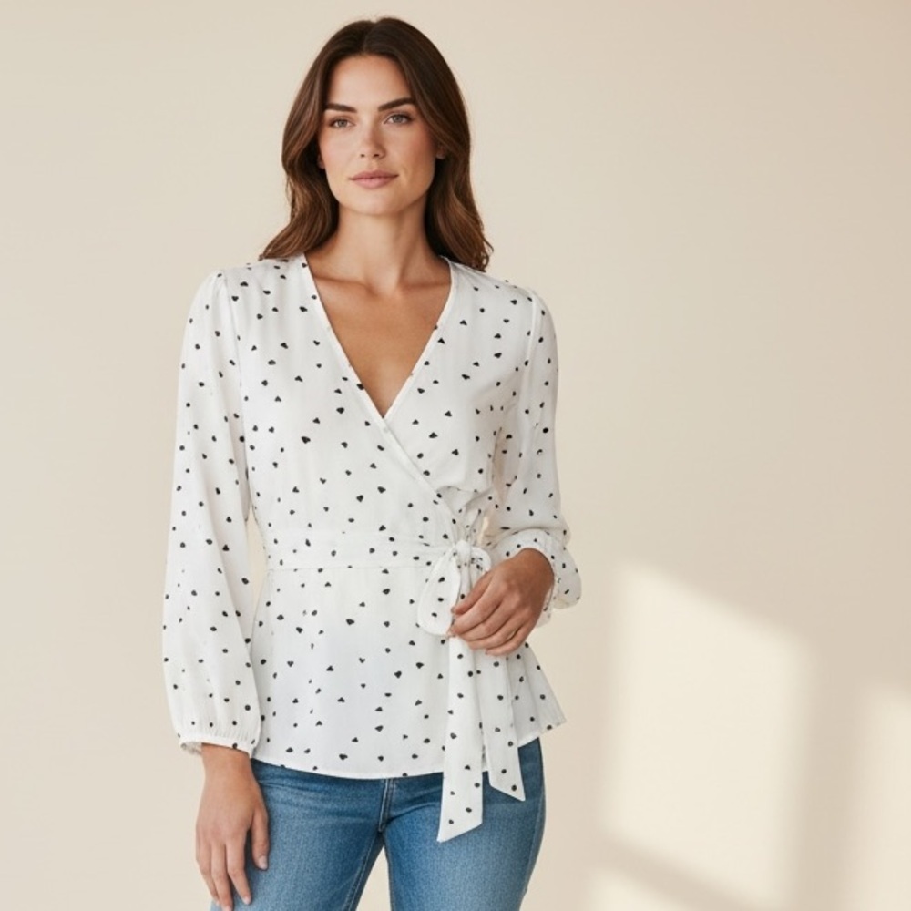 SOLD. Sweaty  wrap around blouse Large. NWT. White with black hearts.